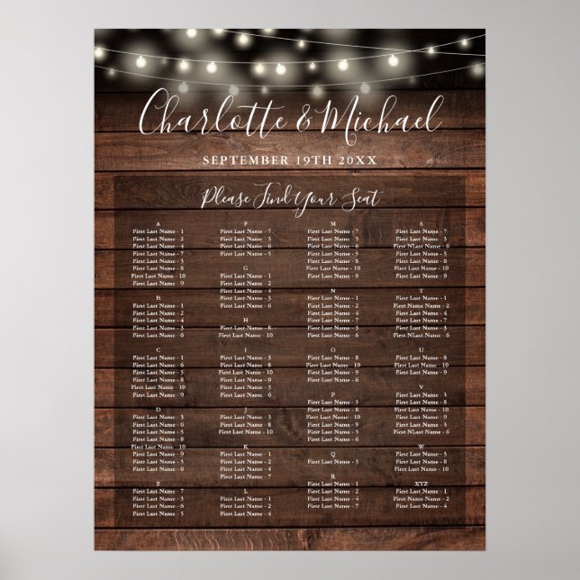 Rustic Lights Alphabetical Wedding Seating Chart Poster (Vorne)