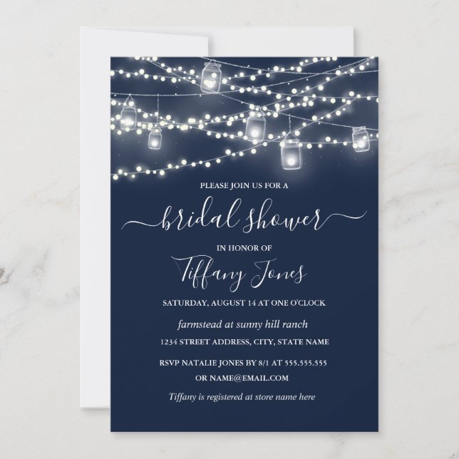 Rustic Lights Navy Bridal Dusche Einladung (Vorderseite)