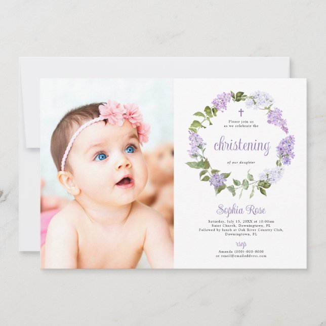 Rustic Lilac Flowers Photo Girl Christening Einladung (Vorderseite)