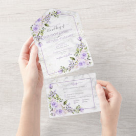 Rustic Lilac Lavender Gold Marble Floral Wedding All In One Einladung