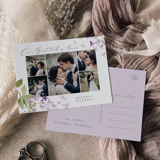 Rustic Lilac Multi Foto Wedding Gratitud y Amor Postkarte (Von Creator hochgeladen)