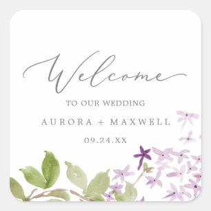 Rustic Lilac Wedding Welcome Quadratischer Aufkleber