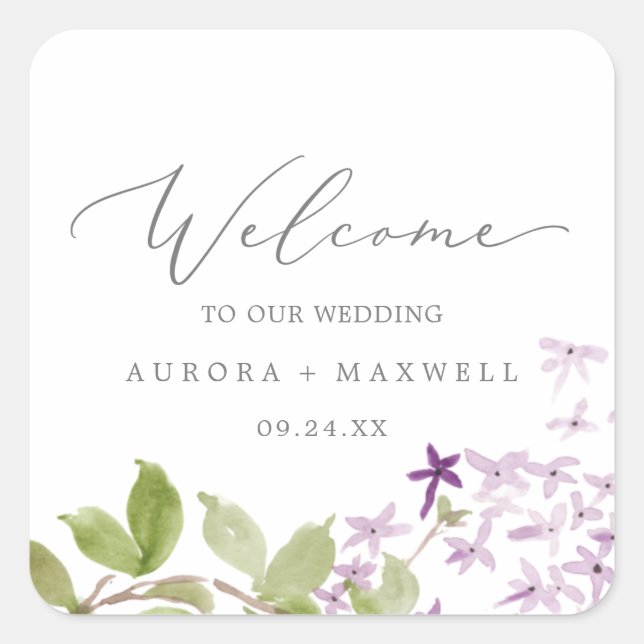 Rustic Lilac Wedding Welcome Quadratischer Aufkleber (Vorderseite)