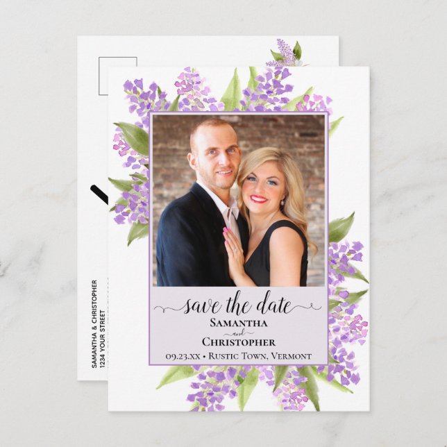 Rustic Lilacs Wedding Save the Date Foto Lavender Ankündigungspostkarte (Vorne/Hinten)