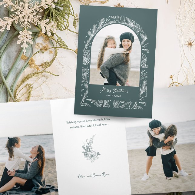 Rustic Line Drawn Christmas Botanical Arch 1-Photo Dreifach Gefaltete Urlaubskarte (Von Creator hochgeladen)
