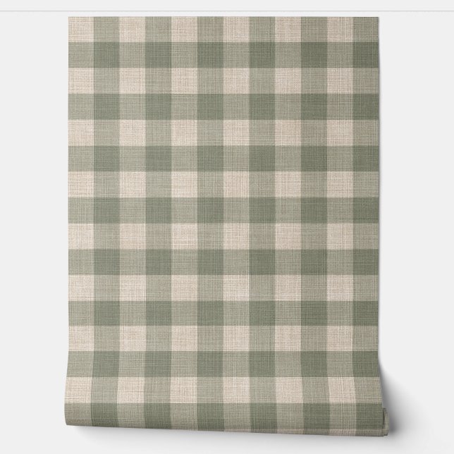 Rustic Linen Buffalo Check Beige and Green Plaid Tapete (Abrollen)