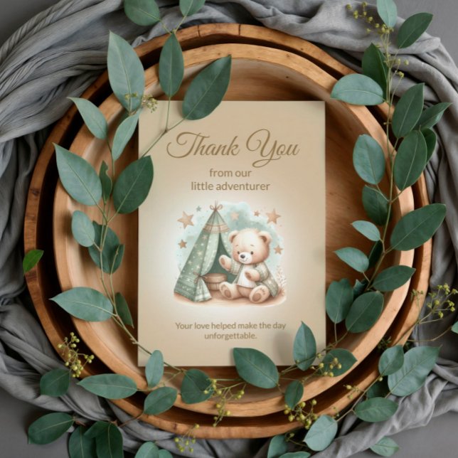 Rustic Little Adventurer Teddy Bear Bear Baby Dankeskarte (Thank you from our little adventurer teddy bear baby shower thank you card)