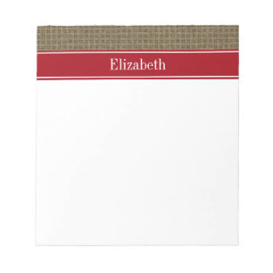 Rustic Look Burlap #2 Cranberry Red Name Monogram Notizblock