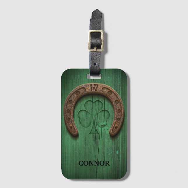 Rustic Lucky Horse Shoe Irish Personalisiert Lugga Gepäckanhänger (Vorderseite Vertikal)