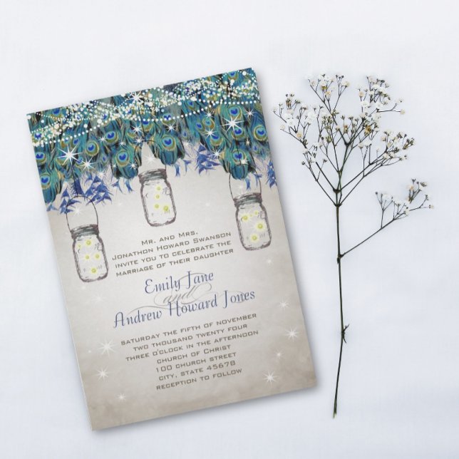 Rustic Luxe Mason Jar Navy Türkise Peacock Einladung (Von Creator hochgeladen)