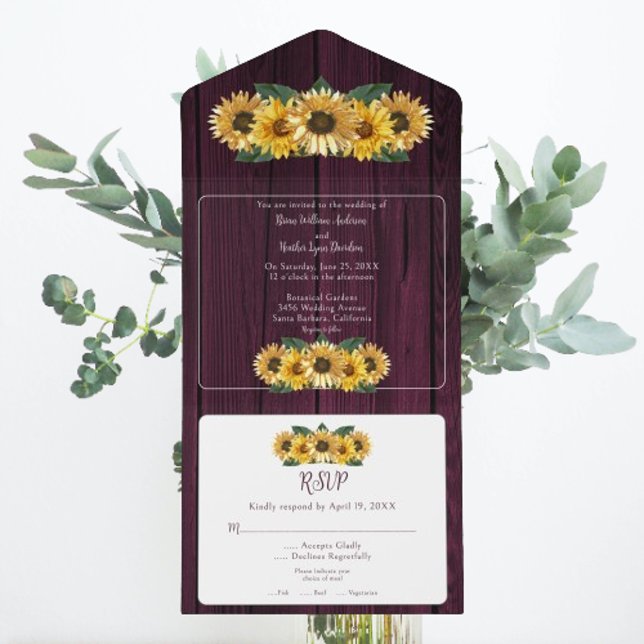 Rustic Magenta Sonnenblume Hochzeit All In One Einladung (Rustic Magenta Sunflower Wedding All in One Invitation)