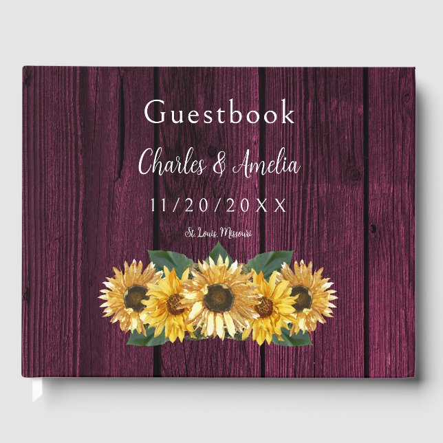 Rustic Magenta Sunflower Wedding Gästebuch (Vorderseite)