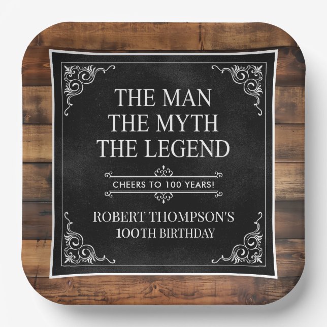 Rustic Man Myth Legend 100th Birthday Black Pappteller (Vorderseite)