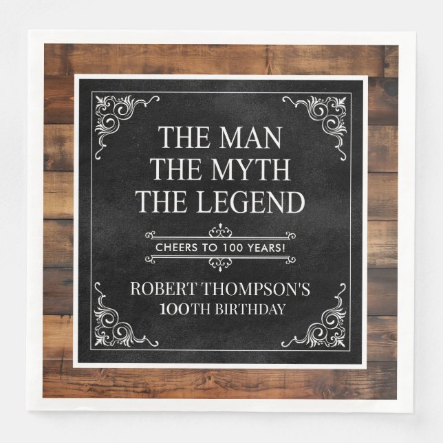 Rustic Man Myth Legend 100th Birthday Black Serviette (Vorderseite)