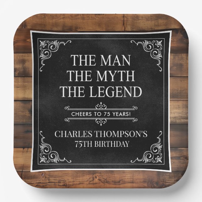 Rustic Man Myth Legend 75. Geburtstag Schwarz Pappteller (Vorderseite)