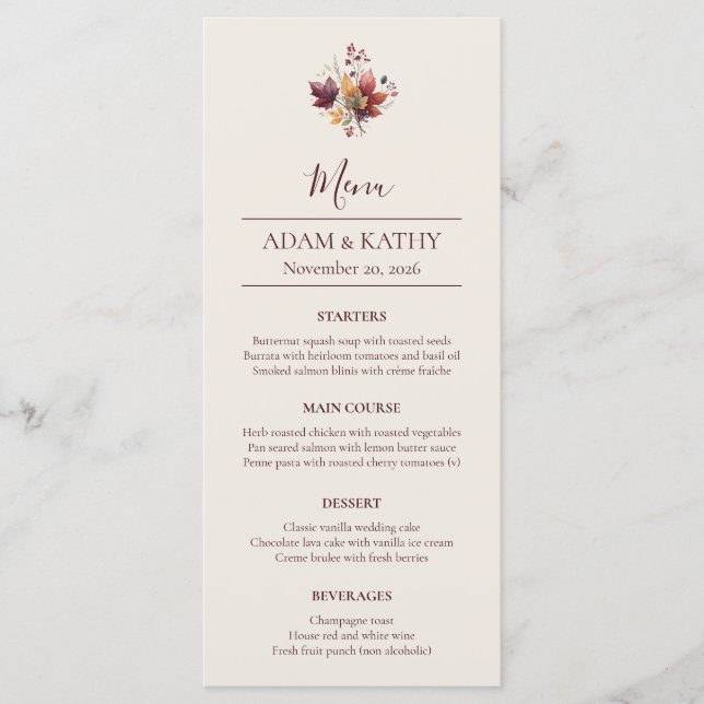 Rustic Maple Leaf Fall Wedding Menu Card Menükarte (Vorderseite)