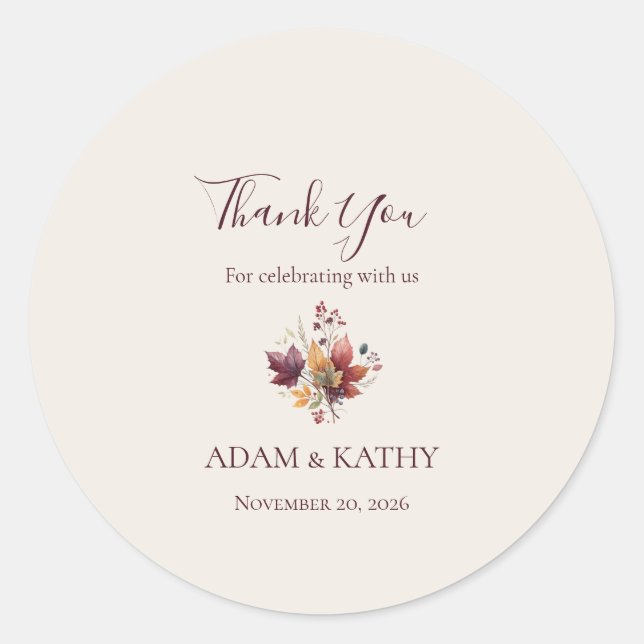 Rustic Maple Leaf Fall Wedding Thank You Sticker (Vorderseite)