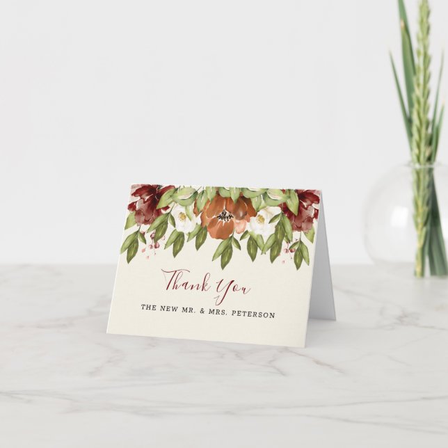 Rustic Maroon Floral Wedding Danke Karte (Vorderseite)