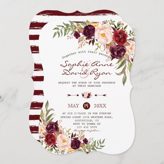 Rustic Marsala floral Burgundy Stripes Wedding Einladung (Vorne/Hinten)