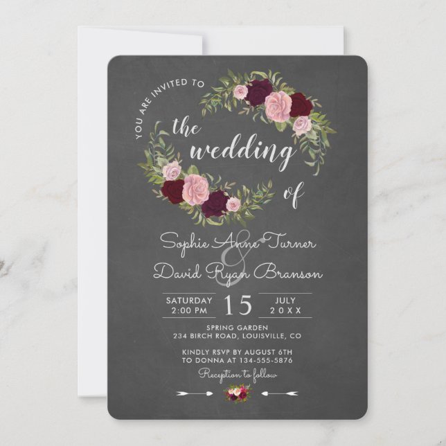 Rustic Marsala Floral Chalkboard Wedding Einladung (Vorderseite)