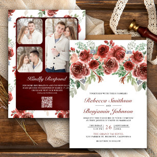 Rustic Marsala Floral Foto QR Code Hochzeit Einladung