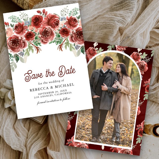 Rustic Marsala Floral Foto Wedding Save The Date (Von Creator hochgeladen)