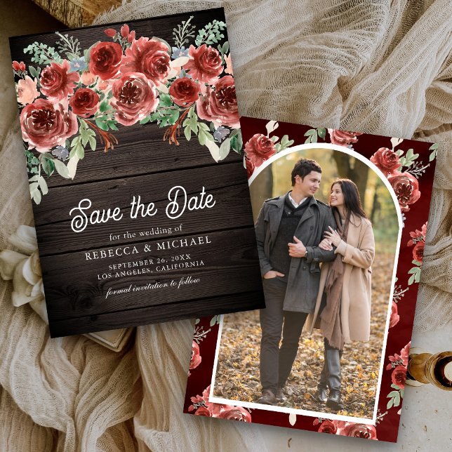 Rustic Marsala Floral Foto Wood Wedding Save The Date (Von Creator hochgeladen)
