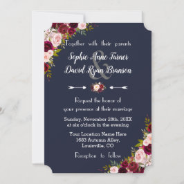 Rustic Marsala Floral Navy Blue Wedding Einladung