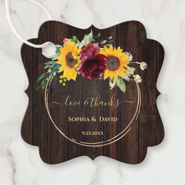 Rustic Marsala Floral Sunflowers Wood Wedding Geschenkanhänger (Vorderseite)