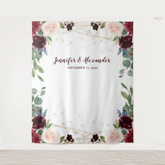 Rustic Marsala Floral Wedding Foto Stand Hintergru Wandteppich (Vorderseite)