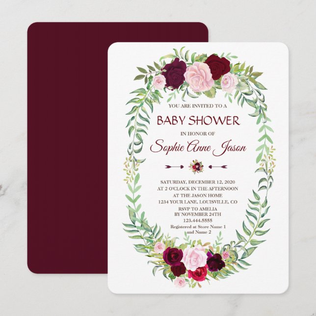 Rustic Marsala Floral Wreath Baby Dusche Einladung (Vorne/Hinten)