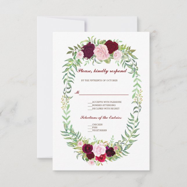 Rustic Marsala Floral Wreath Burgundy Wedding RSVP (Vorderseite)