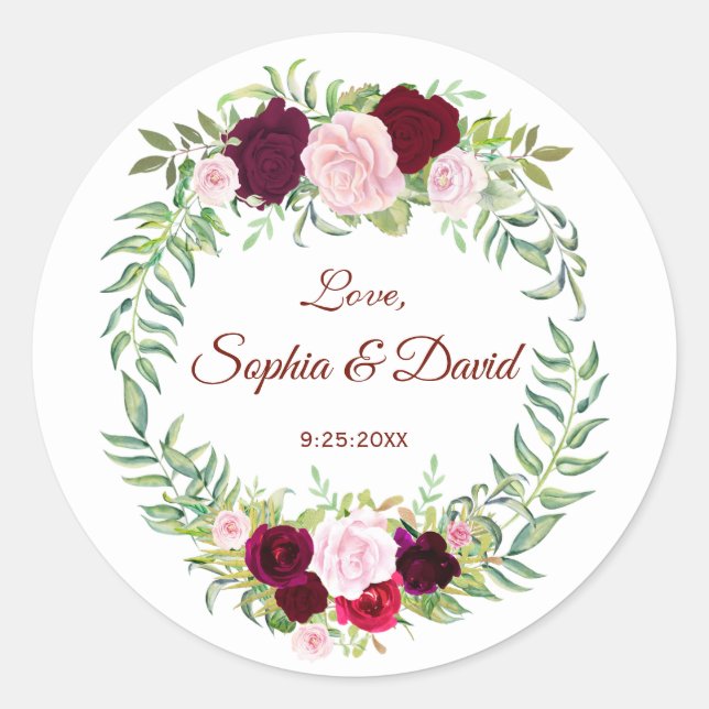 Rustic Marsala Floral Wreath Burgundy Wedding RSVP Runder Aufkleber (Vorderseite)