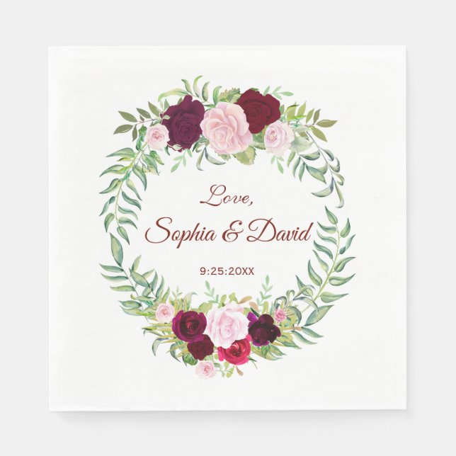 Rustic Marsala Floral Wreath Burgundy Wedding RSVP Serviette (Vorderseite)