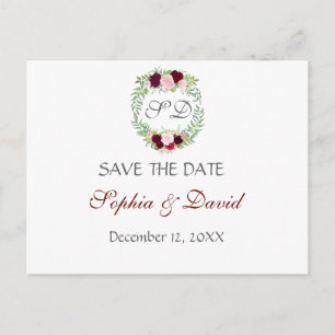 Rustic Marsala Floral Wreath SAVE THE DATE Ankündigungspostkarte