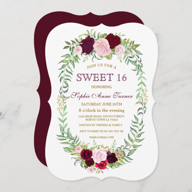 Rustic Marsala Floral Wreath Sweet 16 Einladung (Vorne/Hinten)