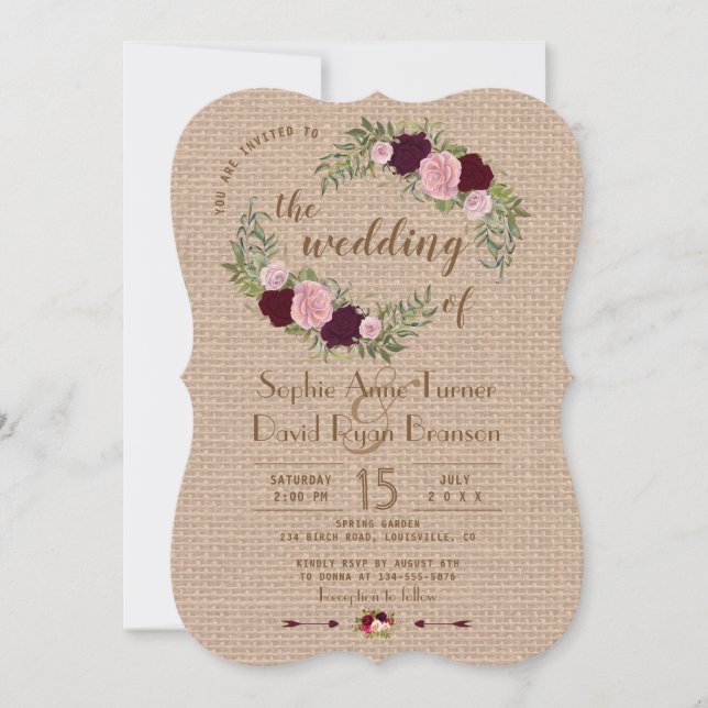 Rustic Marsala Watercolor Floral Burlap Wedding Einladung (Vorderseite)