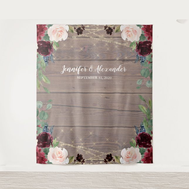 Rustic Marsala Wood Wedding Foto Stand Hintergrund Wandteppich (Vorderseite)