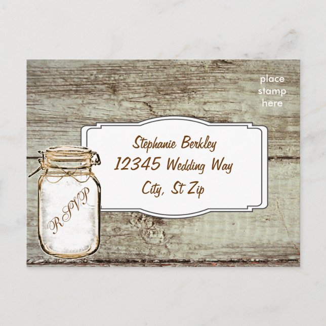 Rustic Mason Jar Barn Wood Wedding RSVP Postkarten (Vorderseite)
