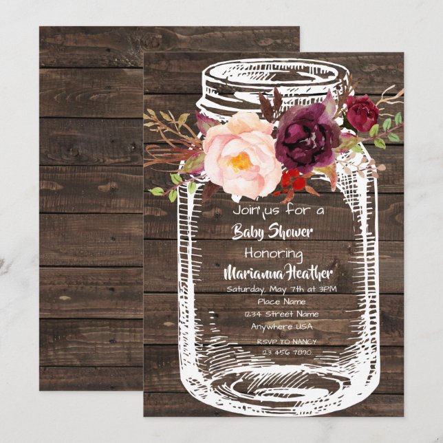 Rustic Mason Jar Boho Floral Marsala Babydusche I Einladung (Vorne/Hinten)