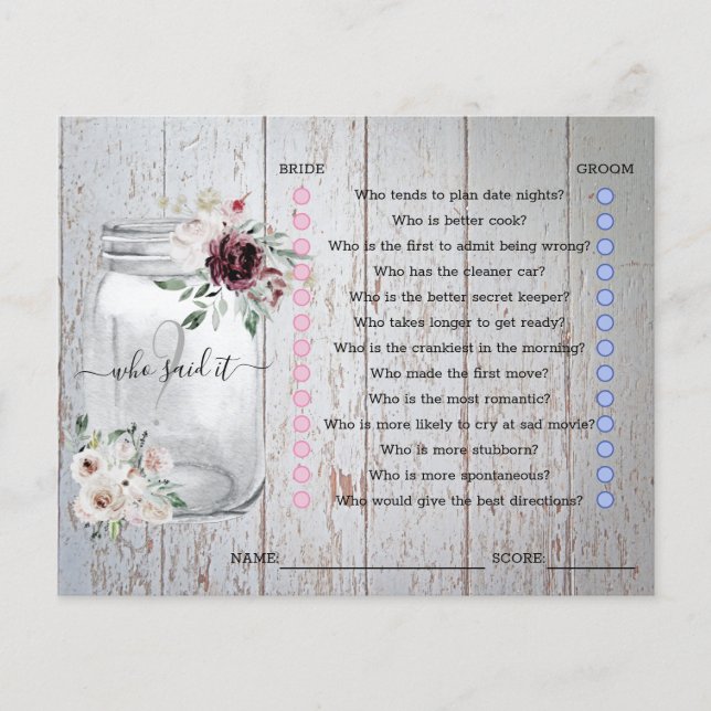 Rustic Mason Jar Brautparty Game (Vorderseite)