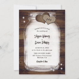 Rustic Mason Jar Burlap Hearts Barn Wood Wedding Einladung