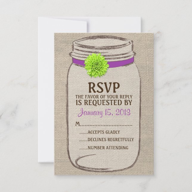 Rustic Mason Jar & Burlap Lila Green RSVP Card (Vorderseite)