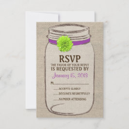 Rustic Mason Jar & Burlap Lila Green RSVP Card Karte