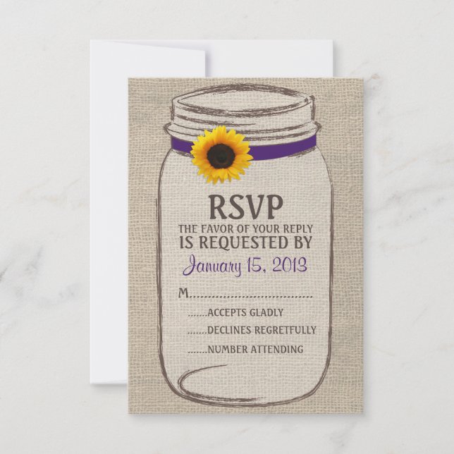 Rustic Mason Jar & Burlap- und Sunflower-RSVP-Kart RSVP Karte (Vorderseite)