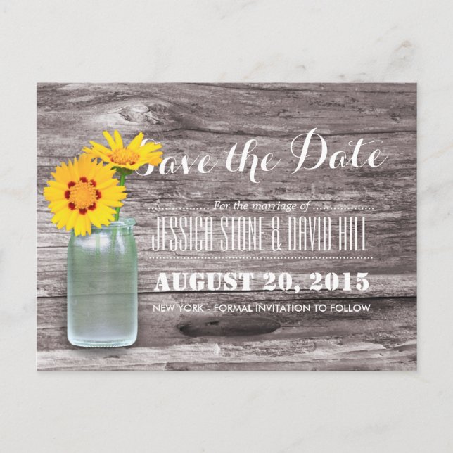 Rustic Mason Jar & Daisy Wood Save the Date Ankündigungspostkarte (Vorderseite)