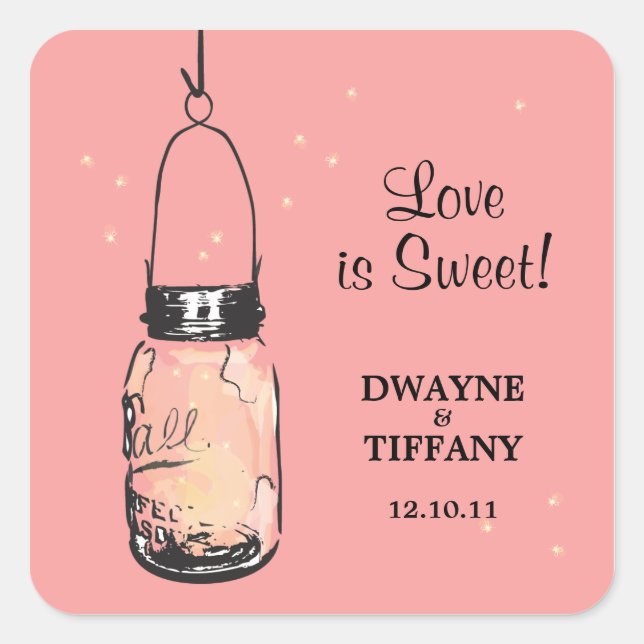 Rustic Mason Jar & Fireflies Quadratischer Aufkleber (Vorderseite)