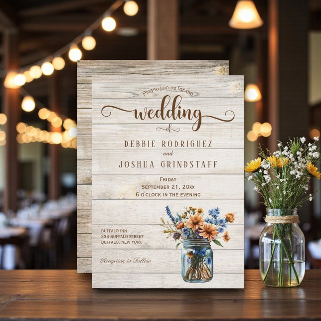 Rustic Mason Jar Floral on Wood Wedding Invitation Einladung (Von Creator hochgeladen)