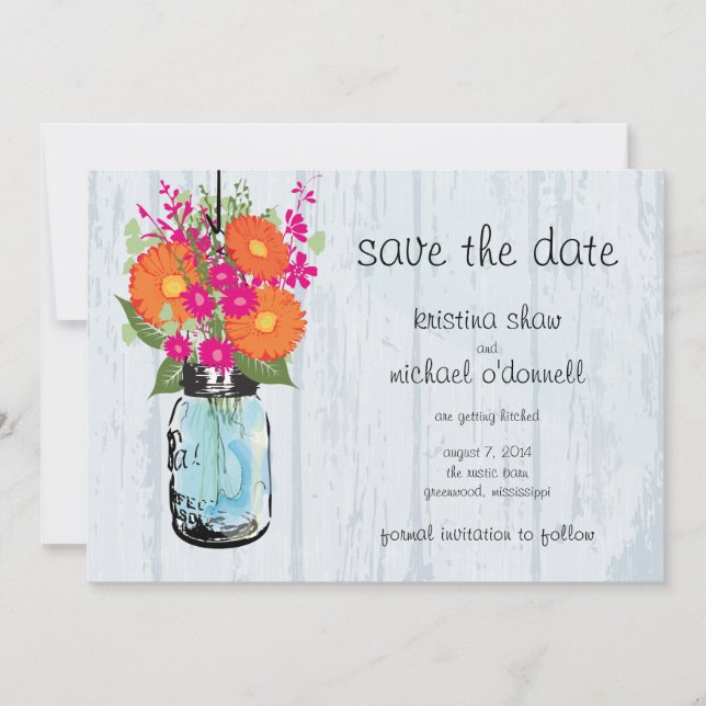 Rustic Mason Jar Gerber Daisies Save the Date (Vorderseite)