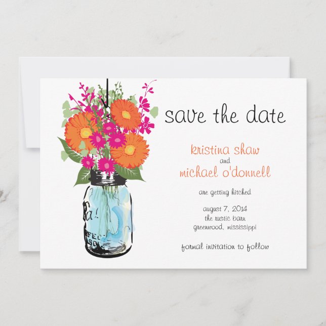 Rustic Mason Jar Gerber Daisies Save the Date (Vorderseite)